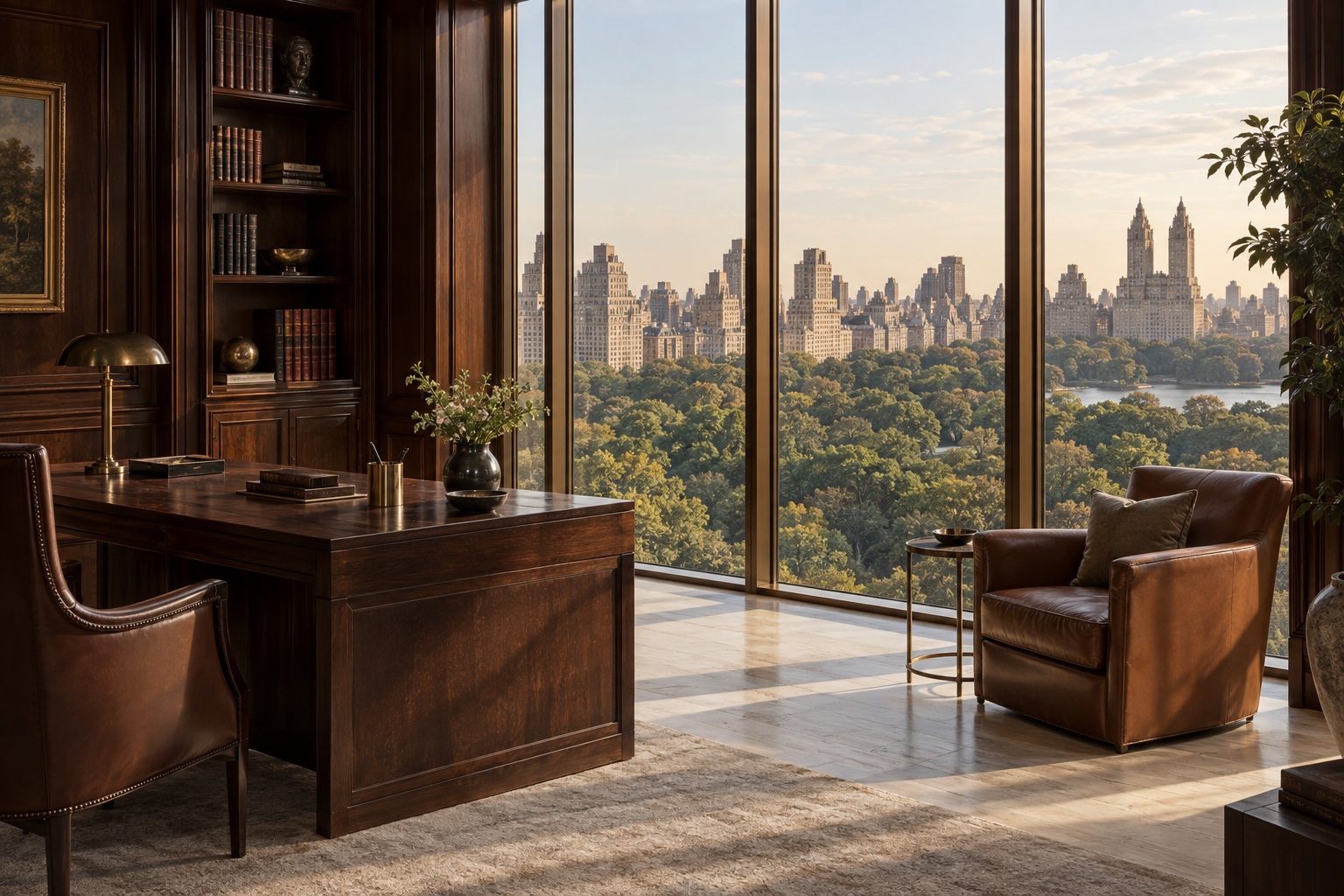 A mahogany study with leather seating and tall windows overlooking Central Park